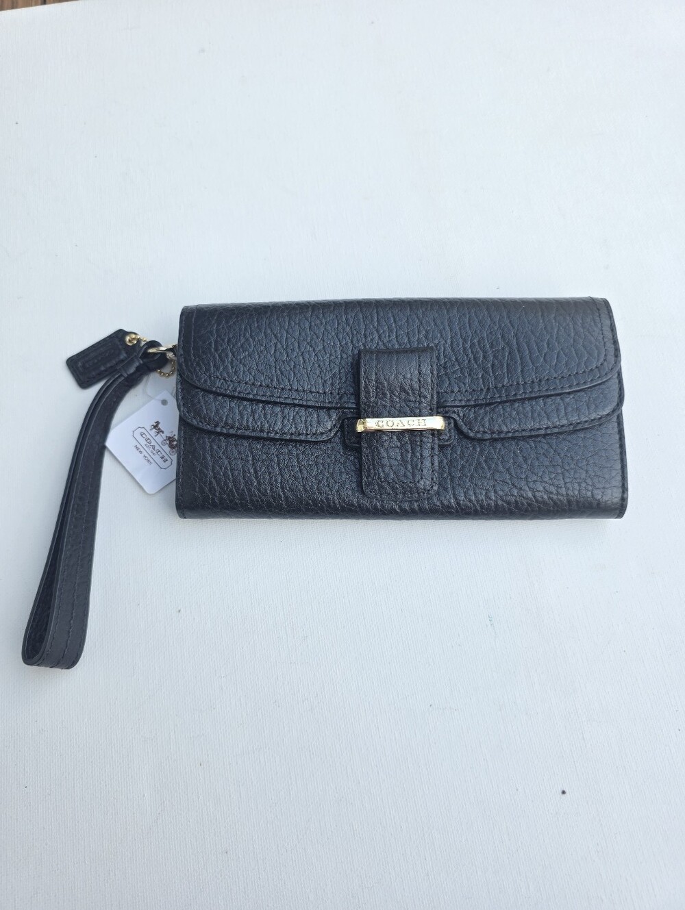 NWT Coach Madison Slim Flap Black Pebbled Leather Wristlet Clutch
